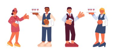 Uçuş görevlisi sunucusu karikatür düz çizim seti. Garson, hostes, beyaz arka planda izole edilmiş 2D karakterler. Konukseverlik personeli sahne vektör renk resim koleksiyonu