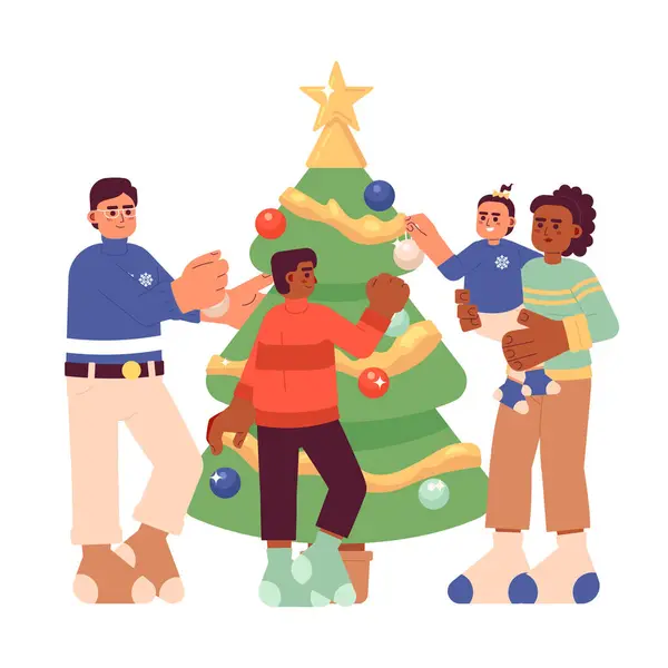 Diverse Family Christmas Tree Decorating Cartoon Flat Illustration Interracial Family — Stock Vector