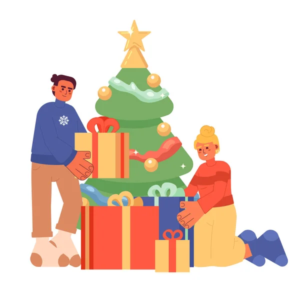 Προσμονή Χριστούγεννα Ημέρα Κινουμένων Σχεδίων Επίπεδη Απεικόνιση Ευτυχισμένο Ζευγάρι Περιτυλίγματος — Διανυσματικό Αρχείο