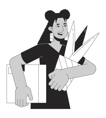 Latin Amerikalı kadın işten siyah beyaz 2D çizgi film karakteri olarak ayrıldığı için mutlu. İspanyol kadın, izole edilmiş vektör hatlarını terk ediyor. İstifa tek renkli düz nokta illüstrasyonu