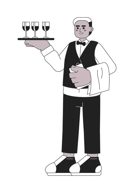 Waiter Serving Black White Cartoon Flat Illustration African American Male — Stock Vector