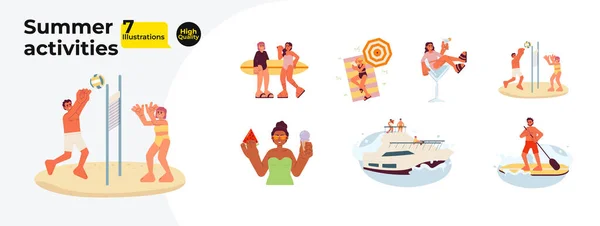 Summer Beach Activities Cartoon Flat Illustration Bundle Summertime Diverse People — Stock Vector