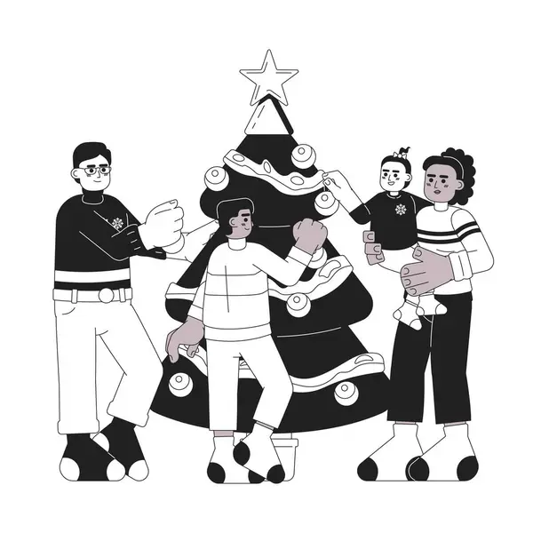 Vielfältige Familie Weihnachtsbaum Schmücken Schwarz Weiß Cartoon Flache Illustration Interracial — Stockvektor