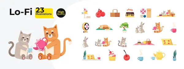 Tea Party Childish Cute Animals Cartoon Flat Illustration Bundle Rabbits — Stock Vector