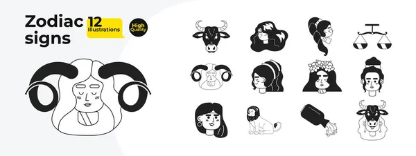 Astrology Zodiac Signs Black White Cartoon Flat Illustration Bundle Archetypes — Stock Vector