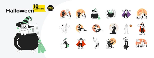 Halloween Traditionnel Noir Blanc Dessin Animé Plat Paquet Illustration Citrouilles — Image vectorielle