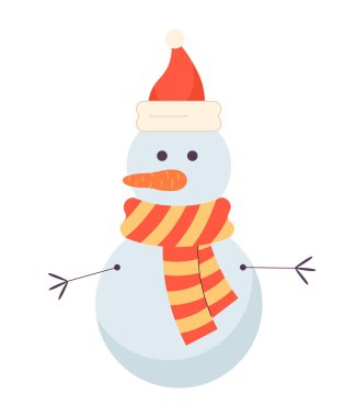 Kardan Adam Noel 2D karikatür nesnesi. Xmas geleneği izole edilmiş vektör ögesi beyaz arkaplan. Yeni yılı kutlarım. Noel Baba şapkası ve atkıyla şenlikli kış sezonu ruhu düz nokta çizimi