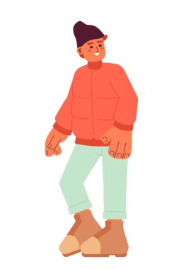 Gülümseyen ergen kış kıyafetleri 2D çizgi film karakteri. Neşeli ergen ergen, izole edilmiş vektör kişi beyaz arka plan. Kış giysileri genç erkek poz veriyor düz nokta illüstrasyonu