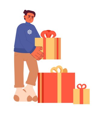 Latin Amerikalı adam sunar Xmas 2D çizgi film karakteri. İspanyol adamın elinde hediye kutusu var. Beyaz arka planda vektör var. Kışlık kazak erkek düz nokta illüstrasyonu