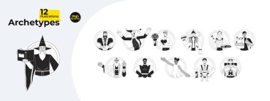 12 archetypes in society black and white cartoon flat illustration bundle. Archetypal 2D lineart characters isolated. Innate potentials diversity people monochrome vector outline image collection clipart