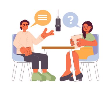 Röportaj podcast düz çizim. Hintli genç kadın mülakatçı, beyaz arka planda izole edilmiş 2D karakterlerle röportaj yapıyor. Ev sahibi sahne vektör rengi görüntüsü hakkında konuşur
