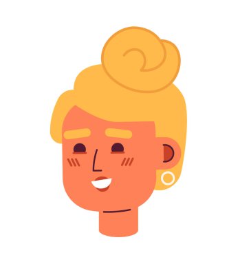 Gülümseyen güzel kadın Kafkas 2D vektör avatar çizimi. Avrupalı neşeli kadın çizgi film karakteri portresi. Beyaz arkaplanda izole edilmiş zarif bayan düz renk kullanıcı profili resmi