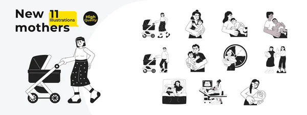 为人母的黑人和白人卡通画平装本 不同的母亲婴儿 父亲婴儿线性2D字符分离 新生儿护理 妊娠期单色矢量图像采集 — 图库矢量图片