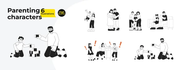 黒と白の漫画のフラットイラストバンドルを育てる子供たち 多文化ファミリーリニア2Dキャラクターが孤立 モノクロマティック ベクター イメージ コレクション — ストックベクタ