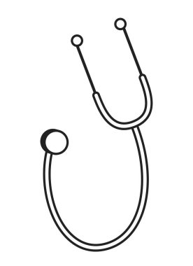 Doktor Stetoskop siyah-beyaz 2D çizgi film nesnesi. Tıbbi cihaz izole edilmiş vektör ana hatları ögesi. Kalp atışı monokromatik düz nokta illüstrasyonunu dinleyen tıbbi muayene aracı