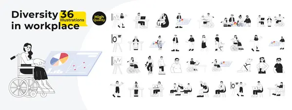 Diverse Employees Coworkers Multicultural Black White Cartoon Flat Illustration Bundle — Stock Vector