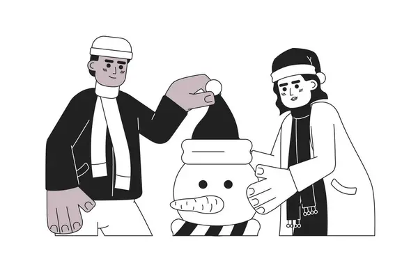 Winterkleding Vrienden Maken Sneeuwpop Zwart Wit Stripfiguren Interraciaal Koppel Met — Stockvector