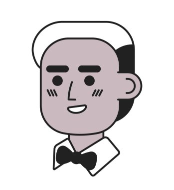 Garson Afro-Amerikan adam siyah-beyaz 2D vektör avatar çizimi. Siyah erkek hizmetçi papyon çizgi film karakteri yüzü izole edilmiş. Restoranın düz kullanıcı profili resmi, portresi