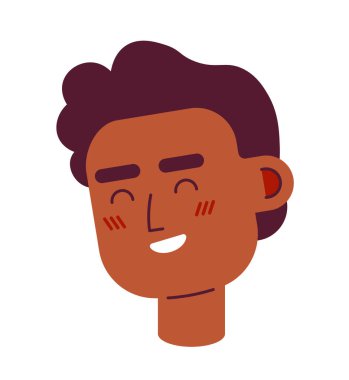Siyah genç adam kapalı gözlerle gülümsüyor. 2D vektör avatar çizimi. Afrikalı Amerikalı erkek çizgi film karakteri portresi. İçerik kahkahası düz renk kullanıcı profili resmi beyaz arkaplanda izole