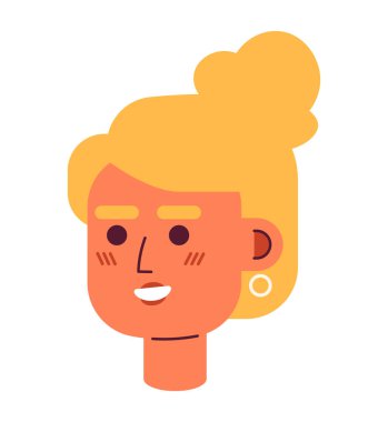 Resmi yüksek topuz saç stili Kafkas kadın 2D vektör avatar çizimi. Çekici kadın çizgi film karakteri portresi. Parlak gülümseyen düz renk kullanıcı profili resmi beyaz arkaplanda izole edildi