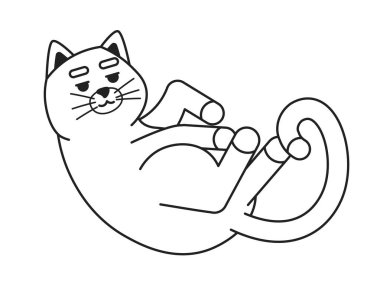 Şirin kedi siyah beyaz çizgi film karakteri gibi kıvrılmış. Tek hayvan tapılası kedi yavrusu izole edilmiş vektör ana hatları beyaz arka plan. Evcil hayvan kıvrımlı tek renkli düz nokta çizimi