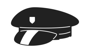 Polis şapkası siyah-beyaz 2D çizgi film nesnesi. Üniformalı polis memuru, izole edilmiş vektör taslağı. - Güvenlik. Kolluk kuvvetleri üniformalı başlık monokromatik düz nokta illüstrasyonu