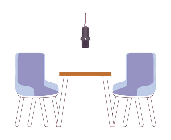 Radio interview studio recording room 2D cartoon object. Comfortable desk chairs with hanging microphone isolated vector item white background. Furniture, technology color flat spot illustration