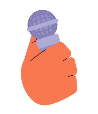 Mikrofon elinde çizgi film karakteri el çizimi. Standup komedyeni 2D vektör görüntüsü beyaz arkaplanda izole edildi. Mikrofona konuşuyorum. Tamirat muhabiri. Karaoke şarkıcısı düzenlenebilir düz clipart rengi