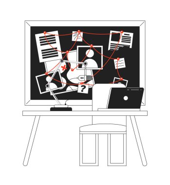 Gerçek suç podcast stüdyo kayıt odası siyah-beyaz 2D karikatür nesnesi. Masadaki izole edilmiş vektör ana hatları üzerinde mikrofon bilgisayarı var. Kanıt panosu podcaster tablo monokromatik düz nokta illüstrasyonu