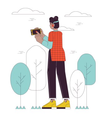 Müzik akışı servis hattı çizgi filmi düz çizim kullanarak. Siyah kız cep telefonunda müzik çalıyor. Beyaz arka planda izole edilmiş 2D çizgi karakteri. Açık havada sahne vektör renk resmini dinle