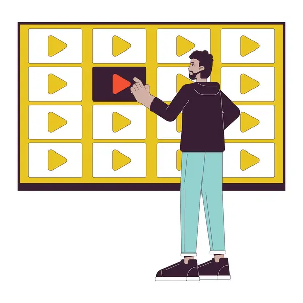 Streaming Video Service Line Cartoon Flat Illustration Black Man Selecting — Stock Vector