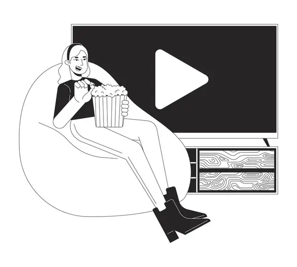 Home Cinema Popcorn Black White Cartoon Flat Illustration Caucasian Girl — Stock Vector