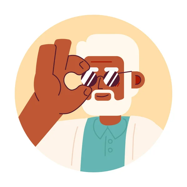 Anciano Hombre Negro Pelo Gris Ajustando Gafas Sol Vector Avatar — Vector de stock