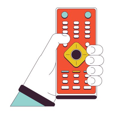 Uzaktan kumandalı çizgi film karakteri el illüstrasyonuna bas. Program değiştirme ekipmanı ana hatları 2D vektör resmi, beyaz arkaplan. TV uzaktan kumandalı düzenlenebilir düz renk clipart tutuluyor