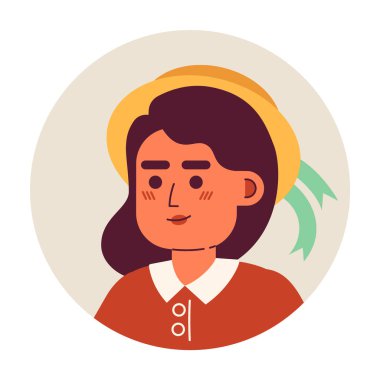 Yazlık şapkalı kadın Kafkas güzel gülümseyen 2D vektör avatar çizimi. Sıradan Avrupalı genç çizgi film karakteri portresi. Gevşek poz düz renk kullanıcı profili resmi beyaz üzerine izole edildi
