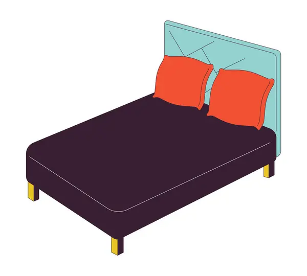 ヘッドボードダブルベッド2Dリニアマンガオブジェクト ブラックシート クイーンサイズベッド 隔離線ベクトル要素 白い背景 赤い枕が付いている快適な寝具の家具色の平らな点のイラスト — ストックベクタ