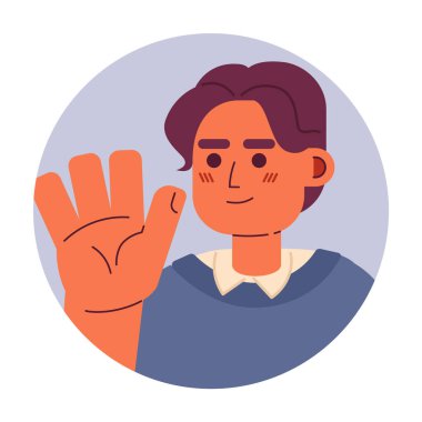 Orta Doğulu çocuk 2D vektör avatar çizimini selamlıyor. El dalgası Arap genç üniversite öğrencisi çizgi film karakteri yüzü. Beyaz üzerine izole edilmiş jest düz renk kullanıcı profili resmini karşıla