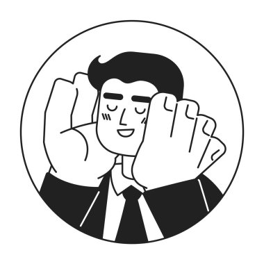 Beyaz ofis çalışanı, siyah beyaz 2D vektör avatar çizimine gülümsüyor. Çizgi film karakteri yüzü izole edilmiş. Kendinizi düz kullanıcı profili resmi olarak sevin