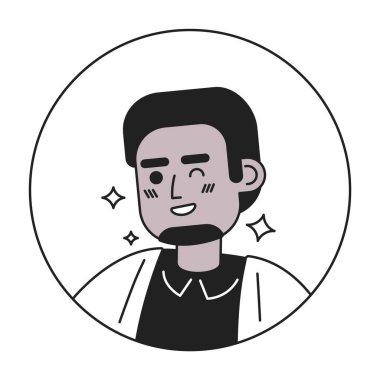 Siyah sakallı siyah adam gülümseyen siyah-beyaz 2B vektör avatar çizimi. Afro-Amerikan yetişkin çizgi film karakteri yüzü izole edilmiş. Arkadaş canlısı flörtçü adam düz kullanıcı profili resmi