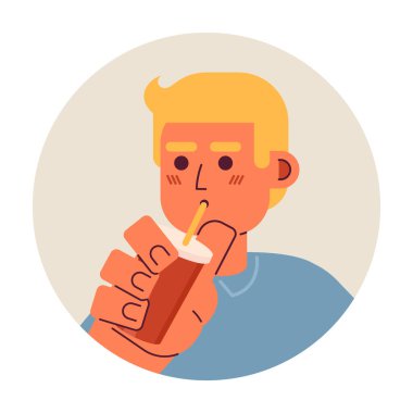 Kafkasyalı adam saman 2D vektör avatar çiziminden su içiyor. Avrupalı genç yetişkin çizgi film karakteri suratlı kahve tutuyor. Smoothie man düz renk kullanıcı profili resmi beyaza izole edildi