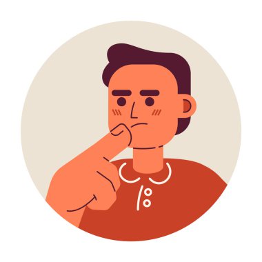 Kısa saçlı Avrupalı adam çene 2D vektör avatar çizimine dokunuyor. Esmer beyaz erkek düşünceleri çizgi film karakteri yüzüne bakıyor. Düz renk kullanıcı profili resmi beyaza izole ediliyor