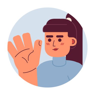 At kuyruklu Asyalı kadın merhaba diyor. 2D vektör avatar çizimi. Elveda mutlu çift ırklı kız çizgi film karakteri yüzü. Sözlü olmayan beyaz üzerinde izole edilmiş düz renk kullanıcı profili resmi kabul et