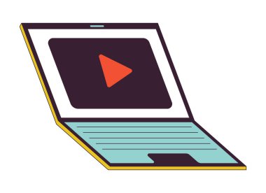 Laptop 2D doğrusal çizgi film nesnesinde video oynatıcı. Platform dizüstü bilgisayarı izole edilmiş çizgi vektör elemanı beyaz arkaplan. Taşınabilir bilgisayar rengi düz nokta illüstrasyonunda canlı yayın uygulaması