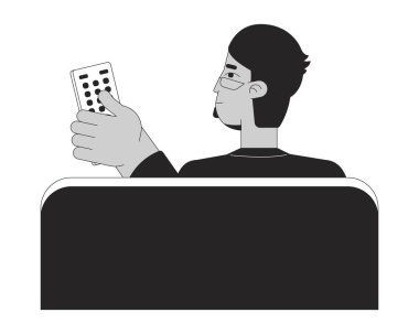 Arap gözlüklü adam TV 'yi değiştiriyor siyah-beyaz 2D çizgi film karakteri. Ortadoğulu adam uzaktan kumandayı elinde tutuyor. İzole edilmiş vektör çizgisi kişisi. Monokromatik düz nokta çizimi