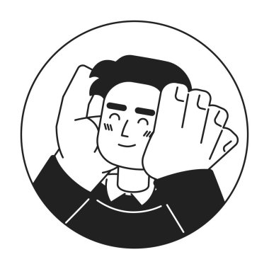 Orta Doğulu adam siyah-beyaz 2B vektör avatar çizimine gülümsüyor. Sevimli ifade Arap modern çizgi film karakteri yüzü yalıtılmış. Kendinizi düz kullanıcı profili resmi olarak sevin