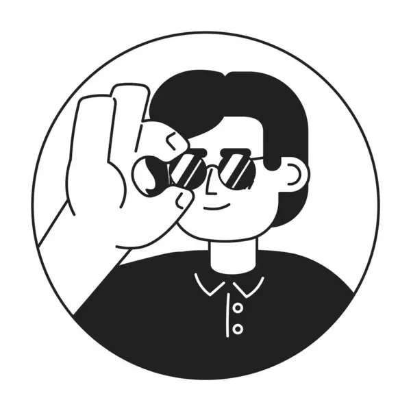 Classy Hispanic Man Adjusting Sunglasses Black White Vector Avatar Illustration — Stock Vector