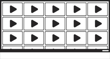 Multimedya duvarı siyah-beyaz 2D çizgi çizgi film nesnesi. Talep üzerine yayın platformu. TV kanalları izole edilmiş vektör hatları ögesi yayınlar. Televizyon kanalları tek renkli düz nokta resimlemesi