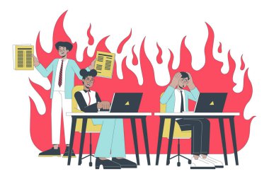 2D doğrusal çizim konseptinde stresle başa çıkmak. Baskı altındaki çalışanlar ve iş arkadaşları beyazda izole edilmiş çizgi film karakterleri. Yanmış metafor soyut düz vektör ana hatları grafiği