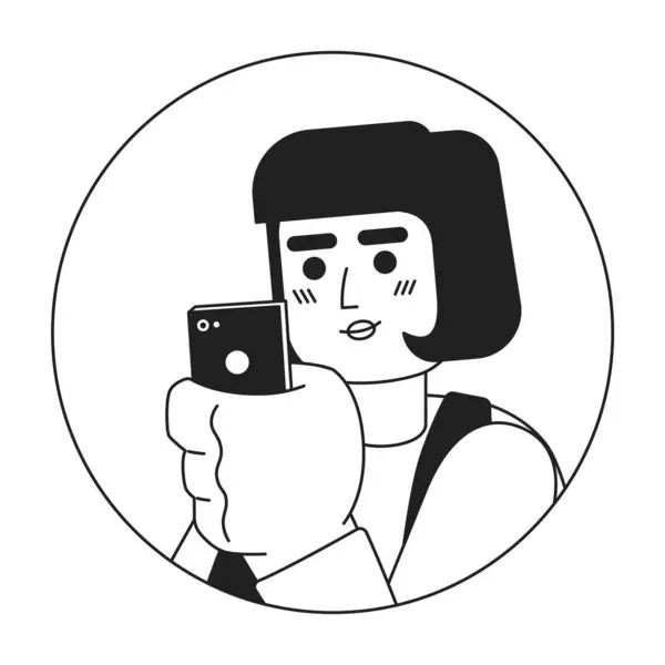 Smartphone Woman Caucasian Bob Hair Black White Vector Avatar Illustration — Stock Vector