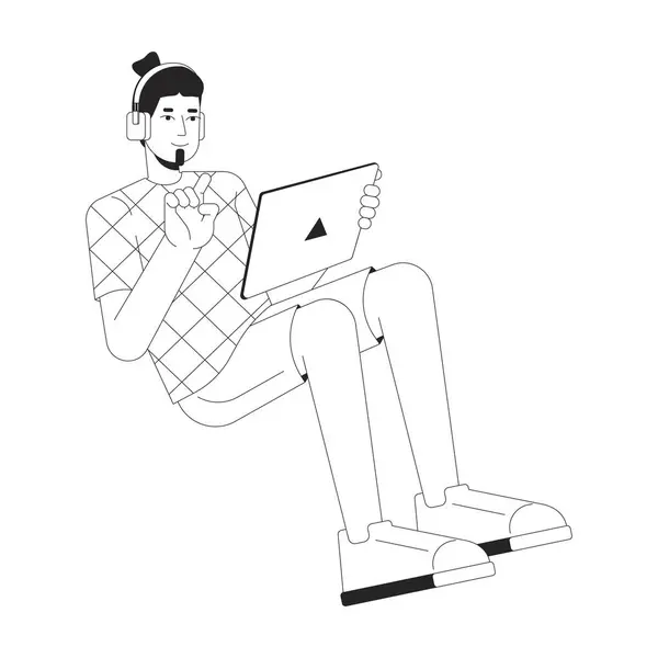 Casque Caucasien Homme Tenant Tablette Noir Blanc Personnage Dessin Animé — Image vectorielle